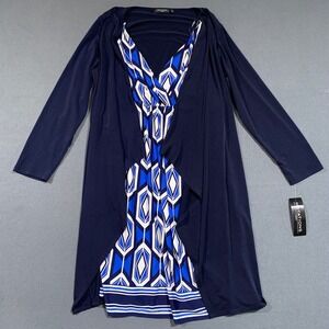New With Tag Notations Woman 1X Navy Blue Dress Geometric Print Long‎ Sleeve NWT
